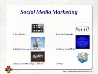 Social Media Marketing


1. Social Media                        4. Soziale Netzwerke




2. Unternehmen vs. Social Media?       5. Weitere Social Media




3. Klassisches Marketing – Die Basis   6. Annex


                                               Pierre Corell | corell@joomla-praxis.de | 2011
 