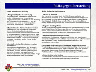 Risikogegenüberstellung
Größte Risiken durch Nutzung                             Größte Risiken bei Nicht-Nutzung

1. Mangelnde Feedbackverarbeitung:                       1. Verlust an Relevanz
Informationen aus Social-Media-Applikationen             Das Internet ist eine feste Säule des Multi-Channel-Marketing und
werden nicht ausreichend verarbeitet und                 Vertriebsmixes geworden. Ist ein Unternehmen im Internet lediglich über
ausgewertet. Gründe: Überforderung von Marketing         die Homepage zu finden, wird sowohl die Useraktivität in Bezug auf die
und Kommunikationsabteilungen. Es fehlt an               Brand als auch die Bedeutung derselben für die User sinken. Ebenso
Ressourcen und somit an der strategischen                werden die Berührungspunkte über Suchmaschinen und Links abnehmen.
Ausrichtung innerhalb des Unternehmens.
                                                         2. Negative Brandingeffekte
2. Dysfunktionales Kommunikationsverhalten               Mit der schwindenden digitalen Relevanz von Unternehmen sind auch die
Die Meinungen und Aussagen der Mitarbeiter               neuen Möglichkeiten für Marketing und Unternehmenskommunikation
können der institutionalisierten, zentralen              limitiert, welche insbesondere im Rahmen von Social Media innovative
Unternehmenskommunikation widersprechen und              Konzepte und vielfältige Varianten der Markenbildung bieten.
zu kontraproduktiven Effekten führen. Daher sollte
die Implementierung von Kontrollmechanismen bei          3. Fehlende Interventionsmöglichkeiten
der Formulierung einer Kommunikationsstrategie           Aktualität und Direktheit der Interaktion mit Kunden und Stakeholdern.
zumindest thematisiert werden (Social Media              Einerseits ermöglicht Social Media die Früherkennung von aufkommenden
Richtlinien).                                            oder potentiellen Krisen, andererseits bietet es die Chance zur
                                                         unmittelbaren Intervention.
3. Kontrollverlust und Verstärkung negativer
Informationen                                            4. Wettbewerbsnachteile durch mangelnde Wissensverarbeitung
Kommunikationsinhalte lassen sich nicht mehr             Verarbeitung von Kundeninformationen ist eine wichtige Komponente zum
gänzlich steuern. Informationen können sich im           Erhalt der Wettbewerbsfähigkeit. Eine ausreichend große und qualitativ
interaktiven, sozialen Medium unabhängig von             hochwertige Datenmenge eröffnet Chancen für eine effizientere
sachlicher Richtigkeit oder ganzheitlicher               Produktgestaltung oder für optimierte Dienstleistungen und Prozesse.
Betrachtungsweise rasch verbreiten und das Image
beziehungsweise die Brand beschädigen.                   5. Sinkende Mitarbeiterbindung
                                                         Social Media hat insbesondere bei Wissensarbeitern einen bedeutenden
                                                         Einfluss auf die emotionale Bindung an das Unternehmen.



               Quelle: "Next Corporate Communication",
                   Hochschule St. Gallen, 2010-02/2011


                                                                                      Pierre Corell | corell@joomla-praxis.de | 2011
 