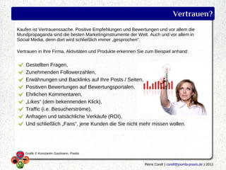 Vertrauen?
Kaufen ist Vertrauenssache. Positive Empfehlungen und Bewertungen und vor allem die
Mundpropaganda sind die besten Marketinginstrumente der Welt. Auch und vor allem in
Social Media, denn dort wird schließlich immer „gesprochen“.

Vertrauen in Ihre Firma, Aktivitäten und Produkte erkennen Sie zum Beispiel anhand:

    Gestellten Fragen,
    Zunehmenden Followerzahlen,
    Erwähnungen und Backlinks auf Ihre Posts / Seiten,
    Positiven Bewertungen auf Bewertungsportalen,
    Ehrlichen Kommentaren,
    „Likes“ (dem bekennenden Klick),
    Traffic (i.e. Besucherströme),
    Anfragen und tatsächliche Verkäufe (ROI),
    Und schließlich „Fans“, jene Kunden die Sie nicht mehr missen wollen.




    Grafik © Konstantin Gastmann, Pixelio


                                                             Pierre Corell | corell@joomla-praxis.de | 2011
 