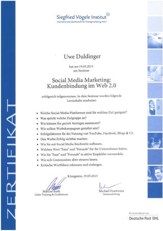Zertifikat, Social Media Marketing: Kundenbindung im Web 2.0