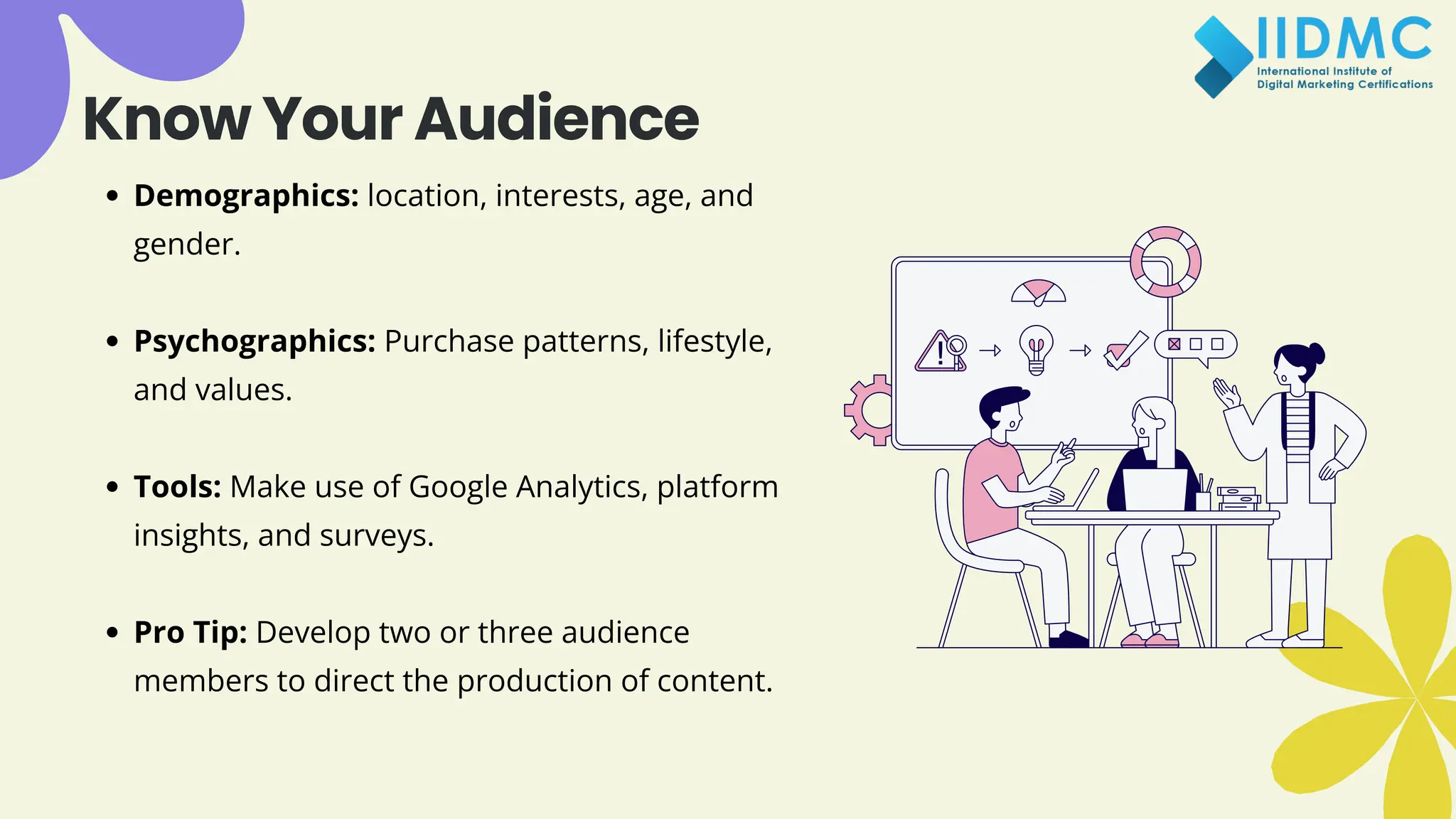 Know Your Audience
Demographics: location, interests, age, and
gender.
Psychographics: Purchase patterns, lifestyle,
and values.
Tools: Make use of Google Analytics, platform
insights, and surveys.
Pro Tip: Develop two or three audience
members to direct the production of content.
 