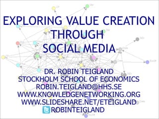 EXPLORING VALUE CREATION THROUGH   SOCIAL MEDIA  DR. ROBIN TEIGLAND STOCKHOLM SCHOOL OF ECONOMICS [email_address] WWW.KNOWLEDGENETWORKING.ORG WWW.SLIDESHARE.NET/ETEIGLAND ROBINTEIGLAND  