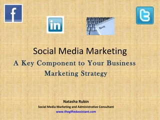 Social Media Marketing
A Key Component to Your Business
        Marketing Strategy


                       Natasha Rubin
      Social Media Marketing and Administrative Consultant
                  www.thegiftedassistant.com
 