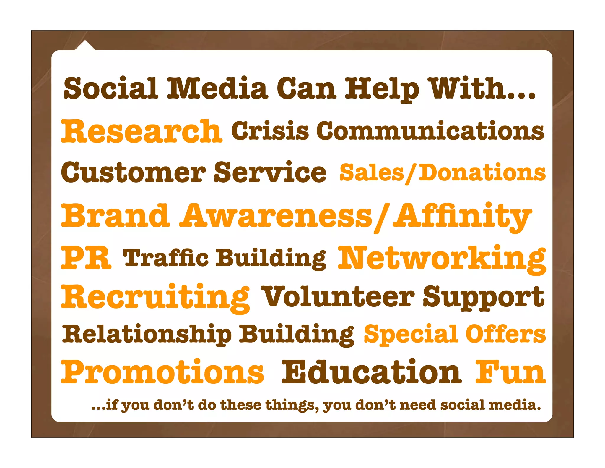 Social Media Can Help With...
Research Crisis Communications
Customer Service Sales/Donations
Brand Awareness/Afﬁnity
PR Trafﬁc Building Networking
Recruiting Volunteer Support
Relationship Building Special Offers
Promotions Education Fun
  ...if you don’t do these things, you don’t need social media.
 