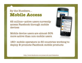 By the Numbers...
Mobile Access
65 million+ active users currently
access Facebook through mobile
devices

Mobile device users are almost 50%
more active than non-mobile users

180+ mobile operators in 60 countries working to
deploy & promote Facebook mobile products


           http://www.facebook.com/press/info.php?statistics
 