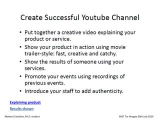 Matteo Cristofaro, Ph.D. student BEST Tor Vergata 30th July 2014
Explaining product
Results shown
 