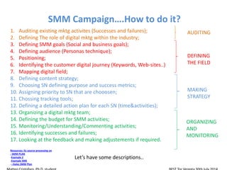 Resources: its source processing on
- SMM PLAN
-Example 2
-Example SME
---Hales SMM Plan
SMM Campaign….How to do it?
1. Auditing existing mktg activites (Successes and failures);
2. Defining The role of digital mktg within the industry;
3. Defining SMM goals (Social and business goals);
4. Defining audience (Personas technique);
5. Positioning;
6. Identifying the customer digital journey (Keywords, Web-sites..)
7. Mapping digital field;
8. Defining content strategy;
9. Choosing SN defining purpose and success metrics;
10. Assigning priority to SN that are chooosen;
11. Chossing tracking tools;
12. Defining a detailed action plan for each SN (time&activities);
13. Organizing a digital mktg team;
14. Defining the budget for SMM activities;
15. Monitoring/Understanding/Commenting activities;
16. Identifying successes and failures;
17. Looking at the feedback and making adjustements if required.
Let’s have some descriptions..
AUDITING
DEFINING
THE FIELD
MAKING
STRATEGY
ORGANIZING
AND
MONITORING
 