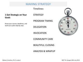 1 Get Strategic on Your
Goals
Timelines:
STRATEGY
PROGRAM TIMING
DELEGATION
INVOCATION
COMMUNITY CARE
BEAUTIFUL CLOSING
ANALYSIS & WRAPUP
Know your course, deadlines, and
work out a plan step by step
Matteo Cristofaro, Ph.D. student BEST Tor Vergata 30th July 2014
MAKING STRATEGY
 