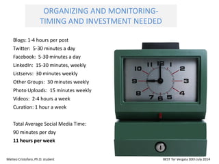 Blogs: 1-4 hours per post
Twitter: 5-30 minutes a day
Facebook: 5-30 minutes a day
LinkedIn: 15-30 minutes, weekly
Listservs: 30 minutes weekly
Other Groups: 30 minutes weekly
Photo Uploads: 15 minutes weekly
Videos: 2-4 hours a week
Curation: 1 hour a week
Total Average Social Media Time:
90 minutes per day
11 hours per week
Matteo Cristofaro, Ph.D. student BEST Tor Vergata 30th July 2014
ORGANIZING AND MONITORING-
TIMING AND INVESTMENT NEEDED
 