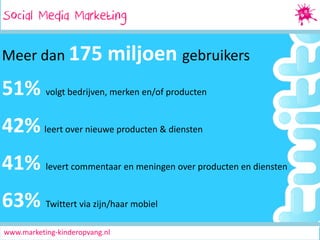 Social Media Marketing
SocialMedia Marketing

Meer dan 175

miljoen gebruikers

51% volgt bedrijven, merken en/of producten
42% leert over nieuwe producten & diensten

41% levert commentaar en meningen over producten en diensten
63% Twittert via zijn/haar mobiel
www.marketing-kinderopvang.nl

 