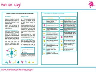 Aan de slag!
Social Media Marketing

3

HOE GAAN WE TE WERK?
•

Zet kanaal op

•

Interne communicatie

•

Externe communicatie

•

In gesprek gaan

www.marketing-kinderopvang.nl

 