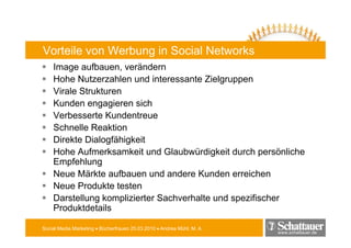 Vorteile von Werbung in Social Networks
    Image aufbauen verändern
           aufbauen,
    Hohe Nutzerzahlen und interessante Zielgruppen
    Virale Strukturen
    Kunden engagieren sich
    Verbesserte Kundentreue
    Schnelle Reaktion
    S h ll R k i
    Direkte Dialogfähigkeit
    Hohe Aufmerksamkeit und Glaubwürdigkeit durch persönliche
    Empfehlung
    Neue Märkte aufbauen und andere Kunden erreichen
    Neue Produkte testen
    Darstellung komplizierter Sachverhalte und spezifischer
    Produktdetails

Social Media Marketing • Bücherfrauen 25.03.2010 • Andrea Mühl, M. A.
                                                                        www.schattauer.de
 