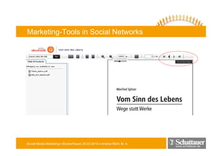 Marketing-Tools in Social Networks




                                               Networks




Social Media Marketing • Bücherfrauen 25.03.2010 • Andrea Mühl, M. A.
                                                                        www.schattauer.de
 