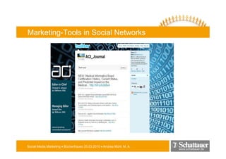 Marketing-Tools in Social Networks




Social Media Marketing • Bücherfrauen 25.03.2010 • Andrea Mühl, M. A.
                                                                        www.schattauer.de
 