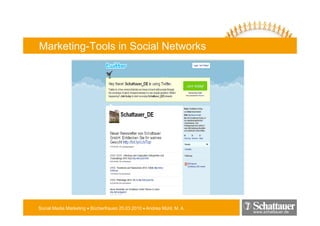 Marketing-Tools in Social Networks




Social Media Marketing • Bücherfrauen 25.03.2010 • Andrea Mühl, M. A.
                                                                        www.schattauer.de
 