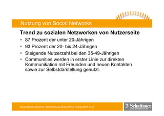 Nutzung von Social Networks
Trend zu sozialen Netzwerken von Nutzerseite
    87 Prozent der unter 20-Jährigen
    93 P
       Prozent d 20 bi 24 Jäh i
              t der 20- bis 24-Jährigen
    Steigende Nutzerzahl bei den 35-49-Jährigen
    Communities werden i erster Li i zur di kt
    C       iti       d in      t Linie   direkten
    Kommunikation mit Freunden und neuen Kontakten
    sowie zur Selbstdarstellung g
                               g genutzt.




Social Media Marketing • Bücherfrauen 25.03.2010 • Andrea Mühl, M. A.
                                                                        www.schattauer.de
 