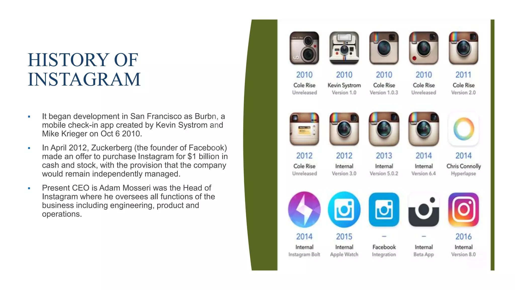 HISTORY OF
INSTAGRAM
 It began development in San Francisco as Burbn, a
mobile check-in app created by Kevin Systrom and
Mike Krieger on Oct 6 2010.
 In April 2012, Zuckerberg (the founder of Facebook)
made an offer to purchase Instagram for $1 billion in
cash and stock, with the provision that the company
would remain independently managed.
 Present CEO is Adam Mosseri was the Head of
Instagram where he oversees all functions of the
business including engineering, product and
operations.
 