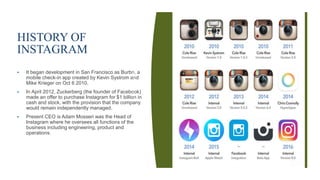 HISTORY OF
INSTAGRAM
 It began development in San Francisco as Burbn, a
mobile check-in app created by Kevin Systrom and
Mike Krieger on Oct 6 2010.
 In April 2012, Zuckerberg (the founder of Facebook)
made an offer to purchase Instagram for $1 billion in
cash and stock, with the provision that the company
would remain independently managed.
 Present CEO is Adam Mosseri was the Head of
Instagram where he oversees all functions of the
business including engineering, product and
operations.
 