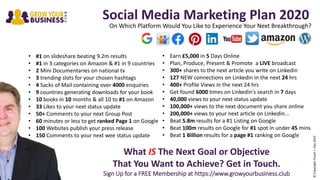 Social Media Marketing Plan 2020
On Which Platform Would You Like to Experience Your Next Breakthrough?
What IS The Next Goal or Objective
That You Want to Achieve? Get in Touch.
Sign Up for a FREE Membership at https://www.growyourbusiness.club
• #1 on slideshare beating 9.2m results
• #1 in 3 categories on Amazon & #1 in 9 countries
• 2 Mini Documentaries on national tv
• 3 trending slots for your chosen hashtags
• 4 Sacks of Mail containing over 4000 enquiries
• 9 countries generating downloads for your book
• 10 books in 10 months & all 10 to #1 on Amazon
• 33 Likes to your next status update
• 50+ Comments to your next Group Post
• 60 minutes or less to get ranked Page 1 on Google
• 100 Websites publish your press release
• 150 Comments to your next wee status update
• Earn £5,000 in 5 Days Online
• Plan, Produce, Present & Promote a LIVE broadcast
• 300+ shares to the next article you write on Linkedin
• 127 NEW connections on Linkedin in the next 24 hrs
• 400+ Profile Views in the next 24 hrs
• Get found 6000 times on Linkedin's search in 7 days
• 40,000 views to your next status update
• 100,000+ views to the next document you share online
• 200,000+ views to your next article on Linkedin...
• Beat 5.8m results for a #1 Listing on Google
• Beat 100m results on Google for #1 spot in under 45 mins
• Beat 1 Billion results for a page #1 ranking on Google
©CopyrightFraserJ.Hay2019
 