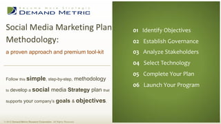 Social Media Marketing Plan                                                    01 ExecutiveObjectives
                                                                                 01 Identify Summary
 Methodology:                                                                   02 Situation Analysis
                                                                                 02 Establish Governance
                                                                                03 Planning
 a proven approach and premium tool-kit                                          03 Analyze Stakeholders
                                                                                04 Administration
                                                                                 04 Select Technology
                                                                                05 Measurement
                                                                                 05 Complete Your Plan
                                                                                06 Budget
 Follow this simple, step-by-step,                                methodology
                                                                                 06 Launch Your Program
 to   develop a social media Strategy plan that

 supports your company’s                      goals & objectives.


© 2012 Demand Metric Research Corporation. All Rights Reserved.
 