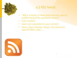 6.2 RSS feeds “ RSS is a family of Web feed formats used to publish frequently updated content” Push content Users can subscribe to your content News, press releases, blogs, new products, special offers, jobs, ... 