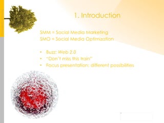 1. Introduction SMM = Social Media Marketing SMO = Social Media Optimization Buzz:  Web 2.0 “ Don’t miss this train” Focus presentation: different possibilities 