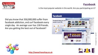 Did you know that 350,000,000 suffer from
facebook addiction, and surf facebook every
single day. An average user has 130 ...