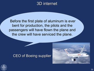 3D internet3D internet
33
Before the first plate of aluminum is ever
bent for production, the pilots and the
passengers wi...