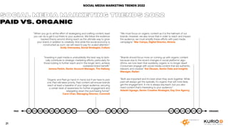 SOCIAL MEDIA MARKETING TRENDS 2022
“When you go to all the effort of strategising and crafting content, least
you can do is get it out there to your audience. We follow the evidence
backed theory around driving reach as the ultimate way to grow
your brand, in addition to creativity. And while the social economy is
constructed as such, we will need to pay for scaled attention.”
Emily Ostrowska, Social Strategist, Culture
”Investing in paid media is undoubtedly the best way to tacti-
cally contribute to strategic marketing efforts, particularly for
those looking to further reach and in the longer term, achieve
sustained brand benefit.”
Jemma Parkin, Senior Account Manager, The Hallway
”Organic and Paid go hand-in-hand, but if we have to pick
one, Paid still takes priority. Paid content will ensure brands
reach at least a baseline of your target audience, securing
a certain level of awareness for further engagement and
retargeting down the purchasing funnel.”
Carol Chan, Managing Director, Comms8
“We must focus on organic content as it is the hallmark of our
brands. However, we also know that in order to reach and impact
the audience, we must amplify these efforts with paid media
campaigns.” Mar Camps, Digital Director, Atrevia
“Brands should focus more on coming up with organic content
because due to the recent changes in social platforms’ algo-
rithms, we now learn that suddenly, organic is no longer dead!
Consumers engage with social media content that are authentic,
relevant, and creative.” Kei Obusan, Senior Data and Insights
Manager, Radarr
“Both are important and it’s best when they work together. While
paid will always get the eyeballs, it’s organic that will more likely
get the engagement. A mix is always key.reach, but you also
need content that’s interesting to your audience.”
Adaobi Ugoago, Senior Creative Strategist, Day One Agency
SOCIAL MEDIA MARKETING TRENDS 2022
PAID VS. ORGANIC
ORGANIC
PAID
21
 