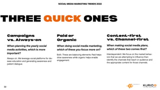 SOCIAL MEDIA MARKETING TRENDS 2022
Campaigns
vs. Always-on
When planning the yearly social
media activities, which is more
important?
Always-on. We leverage social platforms for dis-
ease education and generating awareness and
patient dialogue.
Paid or
Organic
When doing social media marketing,
which of these you focus more on?
Both. These are balancing elements. Paid helps
drive awareness while organic helps enable
engagement.
Content-first
vs. Channel-first
When making social media plans,
which of these two comes first?
Interdependent. We focus on the market behav-
iors that we are attempting to influence then
identify the channels that reach or audience and
the appropriate content for those channels.
THREE QUICK ONES
32
 