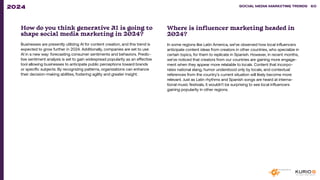 How do you think generative AI is going to
shape social media marketing in 2024?
Businesses are presently utilizing AI for content creation, and this trend is
expected to grow further in 2024. Additionally, companies are set to use
AI in a new way: forecasting consumer sentiments and behaviors. Predic-
tive sentiment analysis is set to gain widespread popularity as an effective
tool allowing businesses to anticipate public perceptions toward brands
or specific subjects. By recognizing patterns, organizations can enhance
their decision-making abilities, fostering agility and greater insight.
Where is influencer marketing headed in
2024?
In some regions like Latin America, we’ve observed how local influencers
anticipate content ideas from creators in other countries, who specialize in
certain topics, for them to replicate in Spanish. However, in recent months,
we’ve noticed that creators from our countries are gaining more engage-
ment when they appear more relatable to locals. Content that incorpo-
rates national slang, humor understood only by locals, and contextual
references from the country’s current situation will likely become more
relevant. Just as Latin rhythms and Spanish songs are heard at interna-
tional music festivals, it wouldn’t be surprising to see local influencers
gaining popularity in other regions.
SOCIAL MEDIA MARKETING TRENDS 2021 SOCIAL MEDIA MARKETING TRENDS 60
2024
 