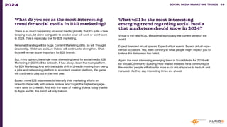 What do you see as the most interesting
trend for social media in B2B marketing?
There is so much happening on social media, globally, that it’s quite a task
keeping track, let alone being able to predict what will work or won’t work
in 2024. This is especially true for B2B marketing.
Personal Branding will be huge. Content Marketing, ditto. So will Thought
Leadership. Webinars and Live Videos will continue to strengthen. Chat-
bots will remain super important for B2B brands.
But, in my opinion, the single most interesting trend for social media B2B
Marketing in 2024 will be LinkedIn. It has always been the main platform
for B2B Marketing. And with the subtle shift in LinkedIn moving from being
a jobs and networking platform to a content creation platform, the game
will continue to play out in the new year.
Expect more B2B businesses to intensify their marketing efforts on
LinkedIn. Especially with videos. Videos tend to get the highest engage-
ment rates on LinkedIn. And with the ease of making Videos today thanks
to Apps and AI, this trend will only balloon.
What will be the most interesting
emerging trend regarding social media
that marketers should know in 2024?
Virtual is the new REAL. Metaverse is probably the current verse of the
world.
Expect branded virtual spaces. Expect virtual events. Expect virtual expe-
riential occasions. Yes, even contrary to what people might expect you to
believe the Metaverse has failed.
Again, the most interesting emerging trend in Social Media for 2024 will
be Virtual Community Building. How shared interests for a community of
like-minded people will allow for more such virtual spaces to be built and
nurtured. As they say, interesting times are ahead.
SOCIAL MEDIA MARKETING TRENDS 2021 SOCIAL MEDIA MARKETING TRENDS 64
2024
 