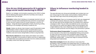 How do you think generative AI is going to
shape social media marketing in 2024?
Based on our strategic communications experience from 2023, it is likely
that the following three aspects will be the most likely ones to play an
increased role in the next year:
Automation: I believe that AI will play an increasingly important role in all
elements of social media marketing that have some form of automation
to them and don’t require human-to-human interaction in the form of
dialogue – things like keyword optimization of texts, structuring, posting,
optimizing of ad campaigns, AB-testing of audiences, etc.
Visuals: I believe we will see a big increase in good AI-generated visuals.
Well-illustrated content is still the number one performance source –
image-and-text-posts are still among the highest performing formats.
Therefore, tools and humans will get better as there is a big need here.
More time for relevance: By simply helping with ideation and content
creation, AI will allow communicators to spend more time on relationships
with stakeholders and audiences and invest more into creative processes
and quality content that holds high relevance.
Where is influencer marketing headed in
2024?
This area will remain very strong and potentially even increase due to an
ever-rising hunger for inter-human communications. Starting 2023 we
have seen three major trends that are likely going to continue.
Micro-Influencers: There is an increasing need for high user engagement
combined with authentic influencers and topic representation. There-
fore, we have seen the first tentative buds of successful micro influencer
campaigns in 2023. They are often more effective as the community is
very tuned into the content and willing to follow recommendations with
a higher likelihood. Also, micro-influencers can be more flexible when it
comes to content production and the design of the partnership in general.
Performance-Based Compensation: The question of the ROI of influ-
encers has been on the mind of any strategically thinking communicator
for years. Now we see the first more consequent steps towards this.
Engagement rates, conversions of individual e-commerce codes, app
downloads, website traffic – a whole new range of conversion KPIs are
being tested and implemented.
Data-driven strategies: Brands will continue to move away from
gut-feeling or fancy campaigns and instead base them on audience data.
This way they can make sure to have the biggest possible impact with the
highest possible relevance.
SOCIAL MEDIA MARKETING TRENDS 2021 SOCIAL MEDIA MARKETING TRENDS 76
2024
 