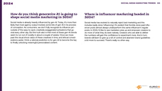 How do you think generative AI is going to
shape social media marketing in 2024?
Social media is already heavily influenced by gen-AI. Today, it’s more than
likely that most agency output involves some bits of gen-AI in its process
of conception. As consumers, we don’t fully recognize its influence yet -
outside of the easy-to-spot, creatively exaggerated activations that go
viral every other day. But the truth also is that most of these gen-AI trends
seem to run out of novelty in about a couple of weeks. Once we move
past the visual shock value of these creatives in time, and ethical consid-
erations aside, I think a rational prediction is for gen-AI to become the key
to finally unlocking meaningful personalized content.
Where is influencer marketing headed in
2024?
Social media has evolved to naturally reject bad marketing and this
includes badly done ‘influencing’. It’s evident that forcibly done paid influ-
encer posts almost always underperform the same influencer’s regular
posts. In 2024, I’d like to see marketers wise up and empower creators to
do more of what they do best natively. Creators who are able to deliver
the numbers will gain the confidence to experiment more. And in turn,
brands will learn to give up a bit of control and abandon brand guidelines
a bit more to succeed. There’s really no other way.
SOCIAL MEDIA MARKETING TRENDS 2021 SOCIAL MEDIA MARKETING TRENDS 86
2024
 