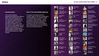 SOCIAL MEDIA MARKETING TRENDS 4
2024
thenetworkone
The world’s leading
independent agencies network.
With over 1,200 agencies in
115 countries, thenetworkone
is uniquely suited to find you
the right agency partner in
whichever market you need.
Our best-in-class agencies can
provide advertising, PR, media,
digital, events, branding and
design, B2B and B2C solutions,
plus anything else you might
require.
Kurio // The Social Media Age(ncy)
An award-winning social-first
creative agency. We are operating at
the intersection of creative & data,
content & media buying – using
proprietary tools and frameworks.
We aim for thought-leadership –
publishing various annual whitepa-
pers with partners such as Cannes
Lions and thenetworkone. “
Alex Casanovas,
Digital Director
Atrevia
Sylwia Rytel,
Social Media Supervisor
180heartbeats +
JUNG v MATT
Sharlene Jenner
Vice President - Director of
Engagement Strategy
Abelson Taylor
Dora Beilin,
Senior Social Strategist
Barrett Hofherr
Francesca Trevisan,
Strategist
Different
Min Seo,
Campaign Director
Brand New Agency
Deshé M. Gully,
Associate Strategist
Day One Agency
Simi Srinarula,
Social Media Manager
The Hallway
James Hebbert,
Managing Director
Hylink
Trevor Crossman,
CX and Digital
Transformation Director
The Hallway
Olivia Hussey,
Strategic Planner
The Hallway
Mundy Álvarez,
Planning Director
Inbrax
Pedro Rojas,
Social Media Manager
Inbrax
Pancho González,
CCO
Inbrax
Amy Bottrill,
Social Account Director
Launch
Oana Oprea,
Head of Digital Planning
Jam Session Agency
Gaby Arriaga,
Founder
Leonardo1452
Shantesh S Row,
Creative Director
Liwa
Dhruv Gaur,
Digital Planning Lead
Medulla
Rajesh Mehta,
Chief Strategy Officer
Medulla
Leonie Mergulhao,
Account Supervisor -
Social Media & PR
Medulla
Aurelija Plioplytė,
Head of Digital & Social
Not Perfect
Daiana Khaidargaliyeva,
Account Manager
Osaka Labs
Stefanie Söhnchen,
Vice President Digital
PIABO Communications
Elisabeth Winiartati,
Managing Consultant,
Head of Global Integrated
Communications
PNTR Group
Lydia Aprina, Account Manager,
Integrated Marketing and
Communications
PNTR Group
Nita Prabowo, Account
Manager, Integrated Marketing
and Communications Okhi
Web Developer
PNTR Group
Kei Obusan,
Insights Director
Radarr
Daffi Ranandi,
Insights Manager
Radarr
Gautam Reghunath,
Co-founder & CEO
Talented
Donagh Humphreys,
Head of Social and Digital
Innovation
THINKHOUSE
Sarah Yim,
Strategy Director
Zulu Alpha Kilo
Okhi
Web Developer
PNTR Group
 