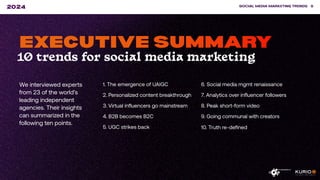 SOCIAL MEDIA MARKETING TRENDS 5
2024
EXECUTIVE SUMMARY
We interviewed experts
from 23 of the world’s
leading independent
agencies. Their insights
can summarized in the
following ten points.
1. The emergence of UAIGC
2. Personalized content breakthrough
3. Virtual influencers go mainstream
4. B2B becomes B2C
5. UGC strikes back
10 trends for social media marketing
6. Social media mgmt renaissance
7. Analytics over influencer followers
8. Peak short-form video
9. Going communal with creators
10. Truth re-defined
 