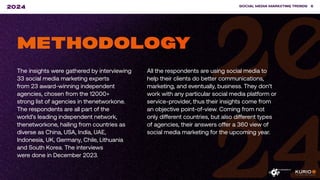 20
24
SOCIAL MEDIA MARKETING TRENDS 6
2024
METHODOLOGY
The insights were gathered by interviewing
33 social media marketing experts
from 23 award-winning independent
agencies, chosen from the 12000+
strong list of agencies in thenetworkone.
The respondents are all part of the
world’s leading independent network,
thenetworkone, hailing from countries as
diverse as China, USA, India, UAE,
Indonesia, UK, Germany, Chile, Lithuania
and South Korea. The interviews
were done in December 2023.
All the respondents are using social media to
help their clients do better communications,
marketing, and eventually, business. They don’t
work with any particular social media platform or
service-provider, thus their insights come from
an objective point-of-view. Coming from not
only different countries, but also different types
of agencies, their answers offer a 360 view of
social media marketing for the upcoming year.
 