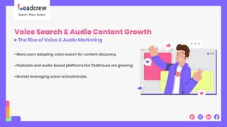 Voice Search & Audio Content Growth
The Rise of Voice & Audio Marketing
• More users adopting voice search for content discovery.
• Podcasts and audio-based platforms like Clubhouse are growing.
• Brands leveraging voice-activated ads.
LIVE
 