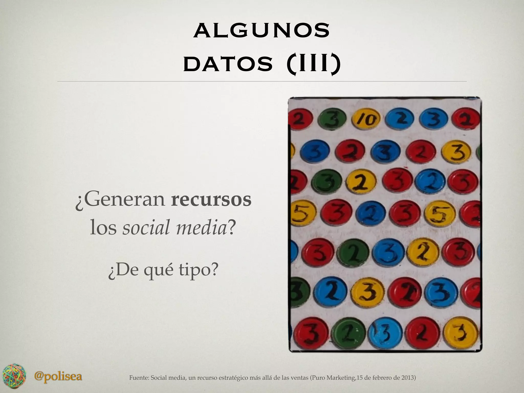 algunos
                                datos (III)



      ¿Generan recursos
       los social media?
           ¿De qué tipo?




@polisea     Fuente: Social media, un recurso estratégico más allá de las ventas (Puro Marketing,15 de febrero de 2013)
 