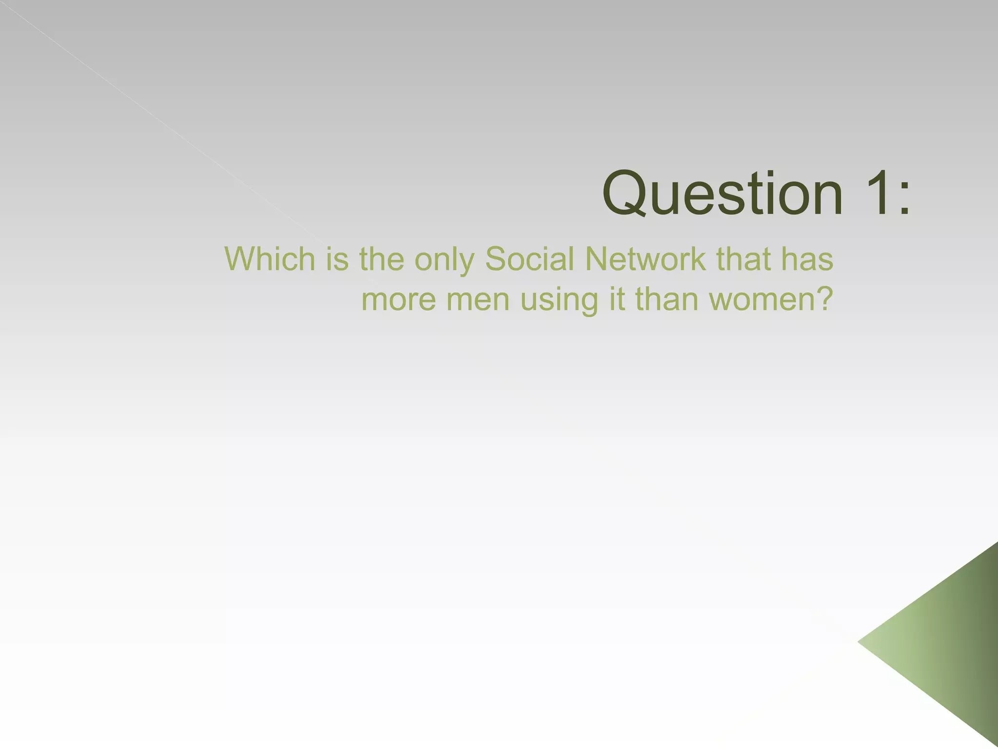 Question 1:
Which is the only Social Network that has
more men using it than women?
 