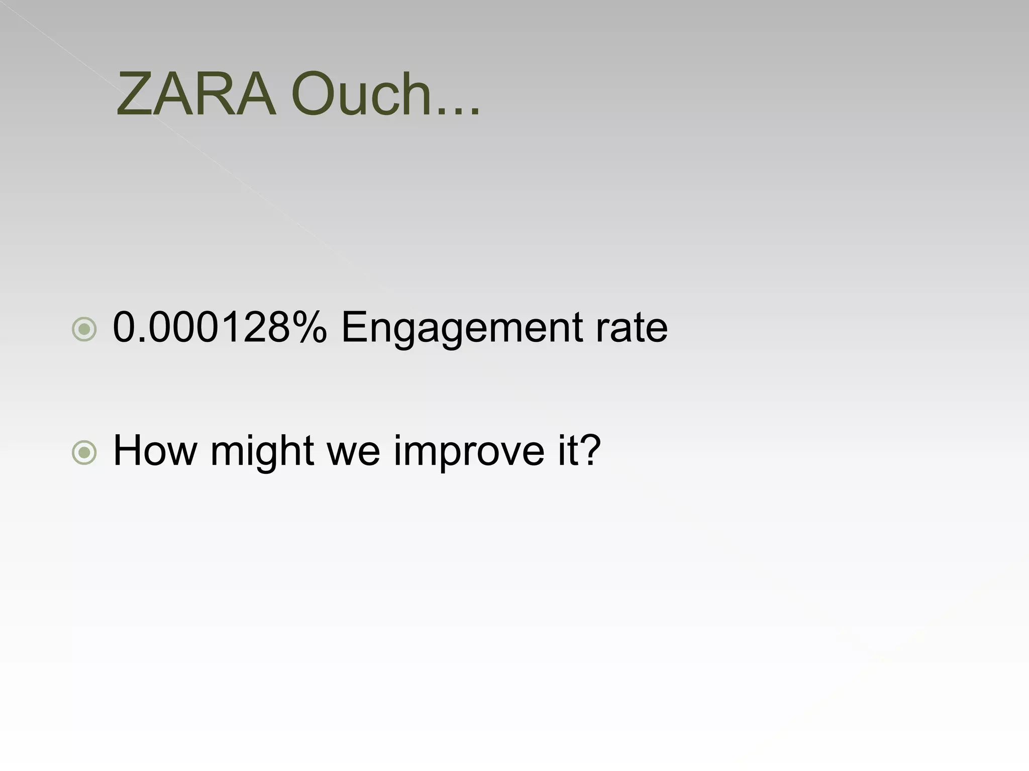  0.000128% Engagement rate
 How might we improve it?
ZARA Ouch...
 