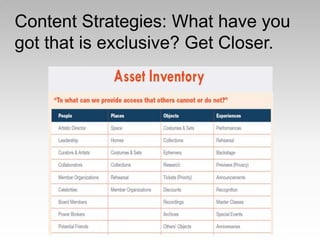 Content Strategies: What have you
got that is exclusive? Get Closer.
 