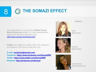 8                 THE SOMAZI EFFECT

                                                      Authors



This presentation is a part of the SoMazi Social   Ewa
Media Resources series. For more presentations,    @Ewajoan
reports and learning materials, go to
http://www.somazi.com/resources/ .



SoMazi has offices in London, New York, Bergamo
and Geneva. We’d love to hear from you.            Marlies
                                                   @MsSpijker
E-mail: contactus@somazi.com
Facebook: https://www.facebook.com/SomaziWW
Twitter: https://www.twitter.com/SomaziWW
Pinterest: http://pinterest.com/Somazi
                                                   Clementina
                                                   @CGZatSomazi
 