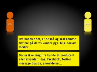 Afs.                                                Modt.




       Det handler om, at de må og skal komme
       tættere på deres kunder pga. bl.a. sociale
       medier.

       Der er ikke langt fra kunde til producent
       eller afsender i dag. Facebook, Twitter,
       message boards, anmeldelser...
 