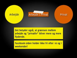 Arbejde          Arbejde | Privat             Privat



    Det betyder også, at grænsen mellem
    arbejde og “privatliv” bliver mere og mere
    flydende.

    Facebook-siden holder ikke fri efter 16 og i
    weekender!
 
