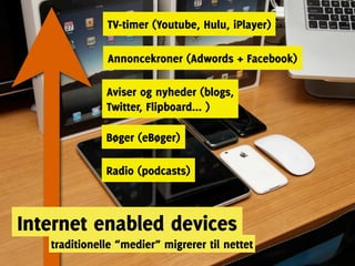 TV-timer (Youtube, Hulu, iPlayer)

              Annoncekroner (Adwords + Facebook)

              Aviser og nyheder (blogs,
              Twitter, Flipboard... )

              Bøger (eBøger)

              Radio (podcasts)



Internet enabled devices
   traditionelle “medier” migrerer til nettet
 