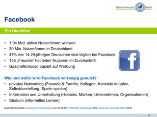 10
• der Name entspringt der Wortwendung „What‘s up?“
• dient dem einfachen Austausch von Nachrichten, Fotos & Videos
• über 1 Milliarde aktive Nutzer/innen in über 180 Ländern
• 84% der 14-29-jährigen Deutschen nutzen Instant-
Messaging-Dienste wie WhatsApp
Wie und wofür wird WhatsApp vorrangig genutzt?
• ursprünglich als Alternative zur SMS
• unterstützt das Senden und Empfangen einer Vielzahl von Medien: Texte, Fotos,
Videos und Standorte sowie Sprachanrufe.
Quelle Nutzerstatistik: WhatsApp-Webseite, ARD-ZDF-Onlinestudie 2016
WhatsApp
Ein Überblick
 