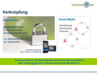 11
Verknüpfung
Blackboard
geschützter Raum
für die Mentoring-
Gruppe (Datenschutz)
v.a. Bereitstellung
von Materialien
Foto: 838361 / pixabay.com
Social Media
Vernetzung,
Community,
Termine …
► Blackboard Mobile
(siehe Themen zur Vertiefung)
Kommunikation mit Social Media darf und sollte persönlich,
aber nicht privat sein! (Verantwortung als Mentor/in!)
 