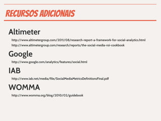 Recursos adicionais
Altimeter
 http://www.altimetergroup.com/2011/08/research-report-a-framework-for-social-analytics.html
 http://www.altimetergroup.com/research/reports/the-social-media-roi-cookbook


Google
 http://www.google.com/analytics/features/social.html


IAB
 http://www.iab.net/media/file/SocialMediaMetricsDefinitionsFinal.pdf


WOMMA
 http://www.womma.org/blog/2010/02/guidebook
 