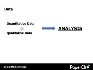 Data


  Quantitative Data
                       ANALYSIS
  Qualitative Data




Social Media Metrics
 
